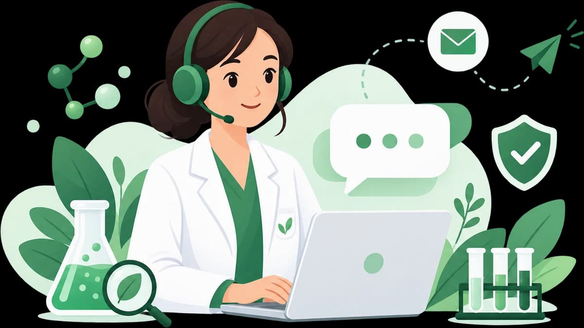 A toxicology specialist wearing a headset, answering messages at a laptop