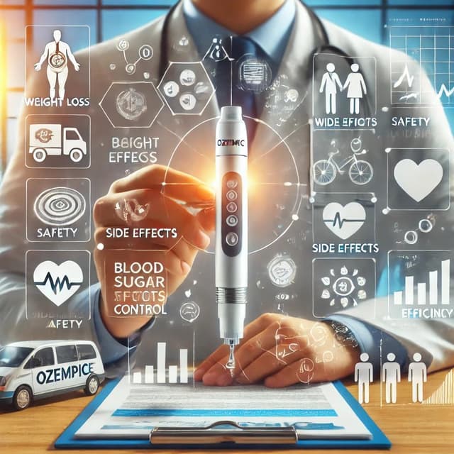 Doctor holding an Ozempic (Semaglutide) injection pen in a clinical setting, surrounded by visuals explaining FAQs about safety, side effects, and benefits, including charts on weight loss and blood sugar control