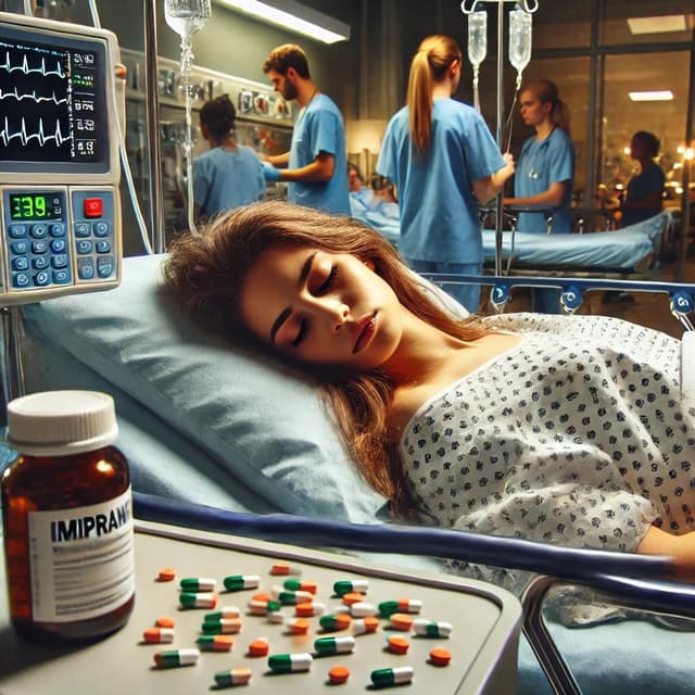 Case presentation of a 25-year-old woman in the emergency room with imipramine overdose. Medical staff monitor her condition as imipramine tablets are scattered around her bed. Depicts toxicology emergency management