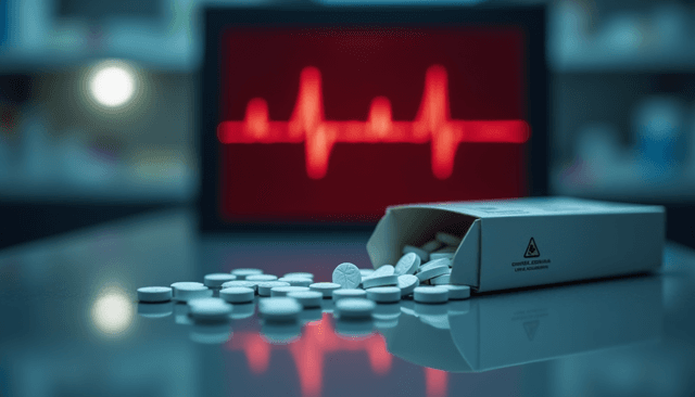 Box of white loperamide pills spilled on a table with red ECG monitor in background, symbolizing the cardiac risks of loperamide abuse