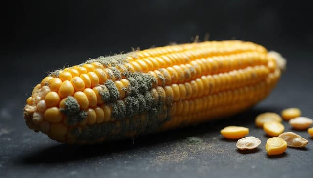Close-up of moldy corn contaminated with dangerous mycotoxins, illustrating hidden fungal toxins in food such as aflatoxins, common in grains and linked to severe health risks like liver cancer.