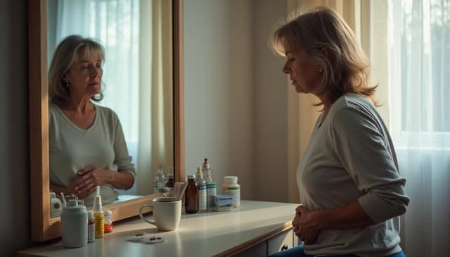 Middle-aged woman holding her stomach in front of a mirror, surrounded by medications—illustrating hidden symptoms of cortisol imbalance and stress during menopause