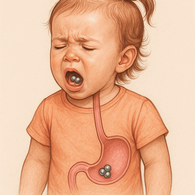 Medical illustration of a distressed 2-year-old girl after ingesting high-powered magnets, showing a cutaway view of magnets lodged in her esophagus and stomach, highlighting the severe health risks of magnet ingestion in toddlers.