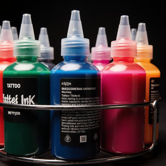 Close-up of various colorful tattoo ink bottles arranged in a circular metal rack, featuring bright red, blue, green, orange, and magenta inks with plastic nozzle caps, set against a black-walled studio background. Some bottles display brand names, ink types, and usage instructions.  