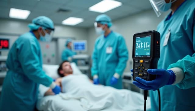 Emergency clinicians in protective gear treating patient with acute radiation poisoning while monitoring radiation dose levels in hospital ICU
