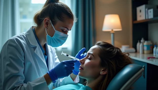 Licensed clinician administering onabotulinumtoxinA (Botox) injection to a patient’s nasal bridge in a medical clinic, sterile technique, cosmetic treatment safety.