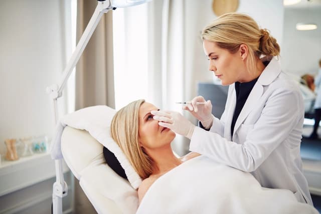 Licensed clinician performing Botox (onabotulinumtoxinA) injection for frown lines in a medical aesthetic clinic, sterile technique, patient reclining
