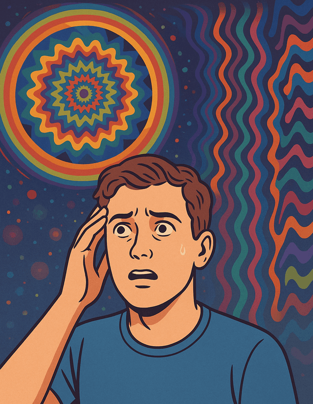 Illustration of a worried young man experiencing HPPD visual disturbances—colorful spirals, halos, and wavy patterns—depicting hallucinogen-persisting perception disorder.