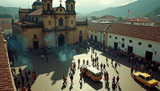 Crowded town square outside the Basilica of the Virgen de Chiquinquirá in Colombia, with smoke, ambulances and worried residents evoking the 1967 Folidol flour poisoning tragedy