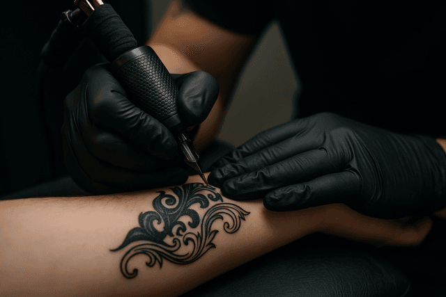Close-up of a tattoo artist wearing black gloves using a tattoo machine to apply a black ink design on a client’s forearm, illustrating safe, professional tattooing technique.