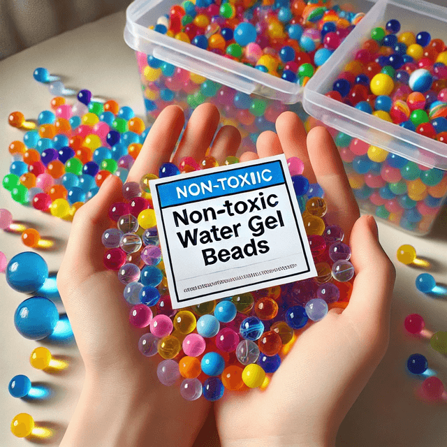 Hands holding colorful water beads of various sizes, including larger gel balls and smaller ones, with a plastic container filled with additional beads in the background. The image features a label reading 'Non-Toxic Water Gel Beads,' emphasizing their playful and decorative appeal while highlighting their common uses for sensory play, decoration, and gardening in a bright indoor environment.