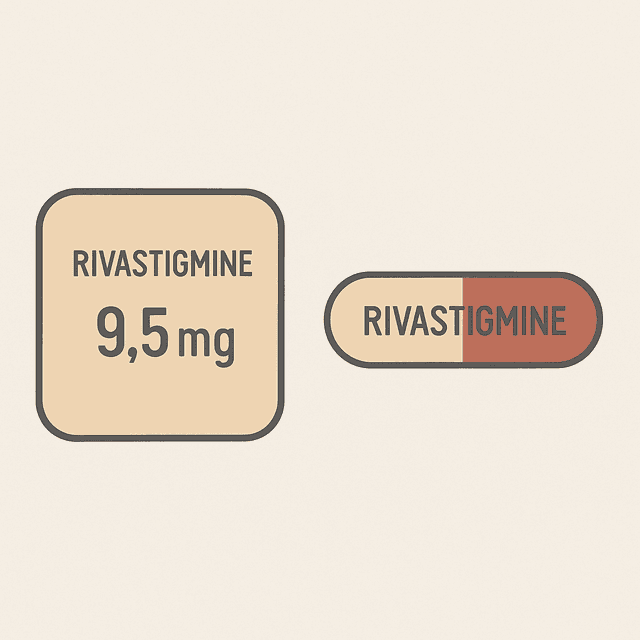 Minimalist illustration of rivastigmine transdermal patch labeled 9.5 mg and a two-toned rivastigmine oral capsule, used as an alternative treatment for anticholinergic toxicity during physostigmine shortage