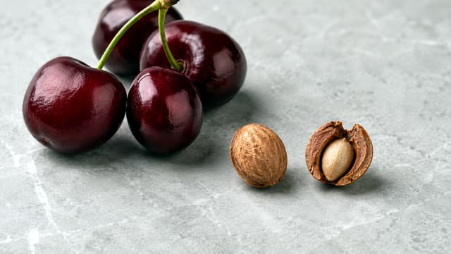 An intact cherry pit beside a split stone exposing the pale kernel, illustrating how shell damage changes the potential risk of cyanide release.