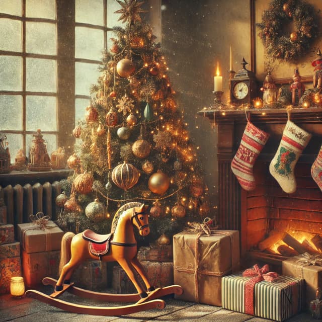 Vintage holiday decorations in a cozy room featuring a retro Christmas tree adorned with glass baubles, tinsel, and string lights, surrounded by wrapped gifts, a wooden rocking horse, and a fireplace with hanging stockings, creating a nostalgic and warm festive atmosphere