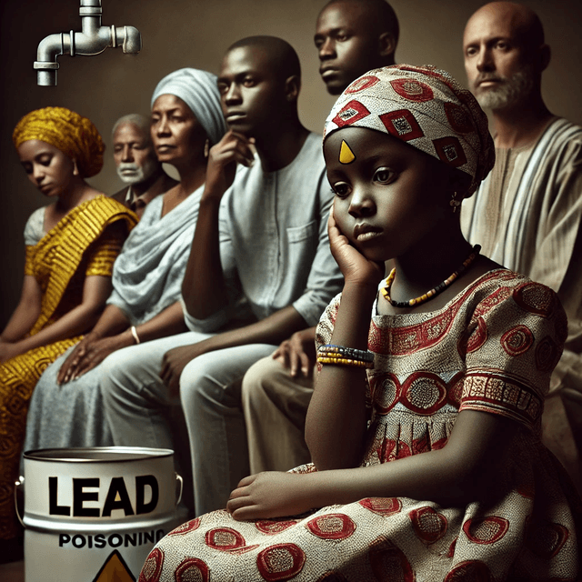 A concerned group of African individuals, including a young African girl in the foreground wearing a patterned dress and headscarf, sitting in a somber mood. The image highlights their worry about the effects of lead poisoning, with visual cues like a labeled lead paint can and corroded pipes in the background. The setting is simple and modest, emphasizing environmental and health challenges. This thought-provoking scene symbolizes the impact of lead exposure on communities, conveying a reflective and serious tone. Perfect for topics related to environmental health, toxicology, and lead poisoning awareness.
