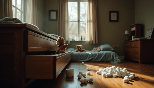 Children's bedroom with scattered mothballs on the floor, open dresser drawer, and stuffed teddy bears—highlighting potential poisoning risks from mothball exposure in homes.