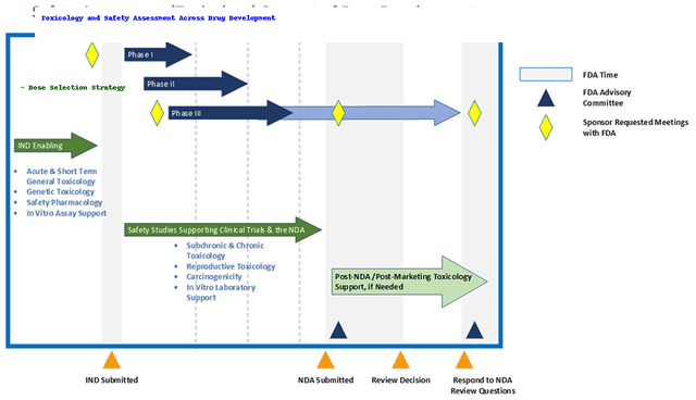 Visual timeline illustrating toxicology and safety assessments across drug development phases, from IND-enabling studies through Phase I–III clinical trials to post-marketing surveillance. Highlights include FDA meetings, advisory committees, and ongoing nonclinical safety studies supporting clinical trials and NDA submissions.