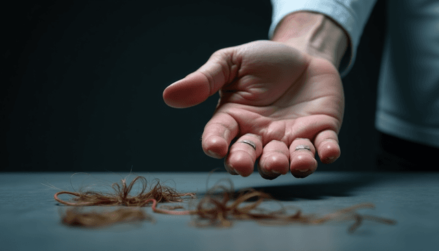 Hand showing hair loss on table, a classic symptom of thallium poisoning, known for causing delayed alopecia after exposure to the toxic heavy metal