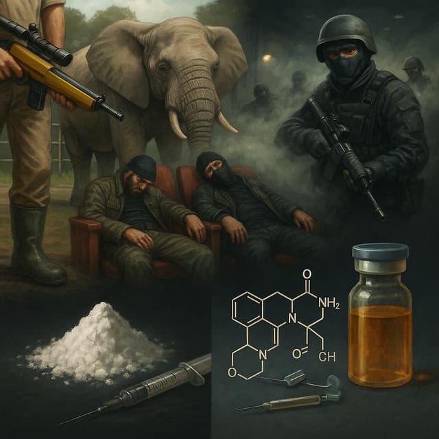 Illustration of carfentanil as a dual-use substance—depicting its veterinary origin for sedating large animals like elephants and its transformation into a potential chemical weapon used in the 2002 Moscow theater siege, with shadowy military elements, aerosol dispersion, and opioid crisis imagery