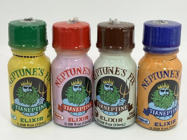 Neptune’s Fix Tianeptine Elixir bottles in assorted flavors—unregulated supplement tied to rising addiction, overdose, and withdrawal cases in the U.S