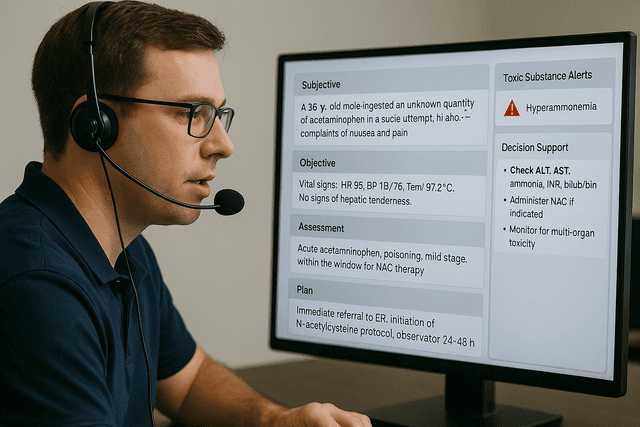A poison control specialist, wearing a headset, speaks into a microphone while monitoring a live, AI-generated transcript on a computer screen. The display shows structured SOAP note fields auto-filled by speech-to-text software, highlighting lab values and treatment plans. A sidebar displays toxic substance alerts and decision support recommendations, illustrating real-time AI integration in a clinical toxicology setting.