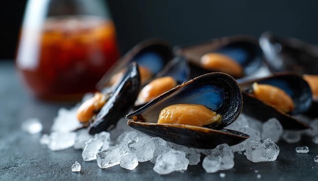 Fresh mussels on ice served raw, potentially contaminated with domoic acid toxin, a common cause of amnesic shellfish poisoning (ASP), highlighting the seafood safety risk.