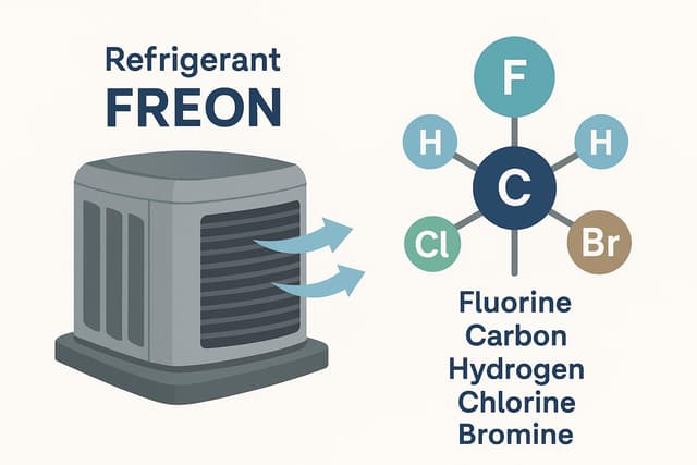 Illustration showing Freon refrigerant composition and cooling unit with molecular elements fluorine, carbon, hydrogen, chlorine, and bromine