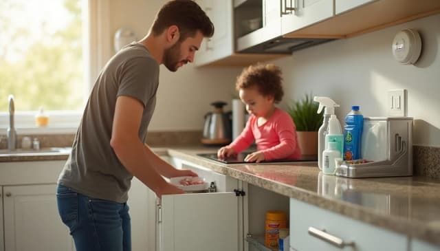 Father securing kitchen cabinet while toddler sits on counter near cleaning products — home poisoning prevention for families