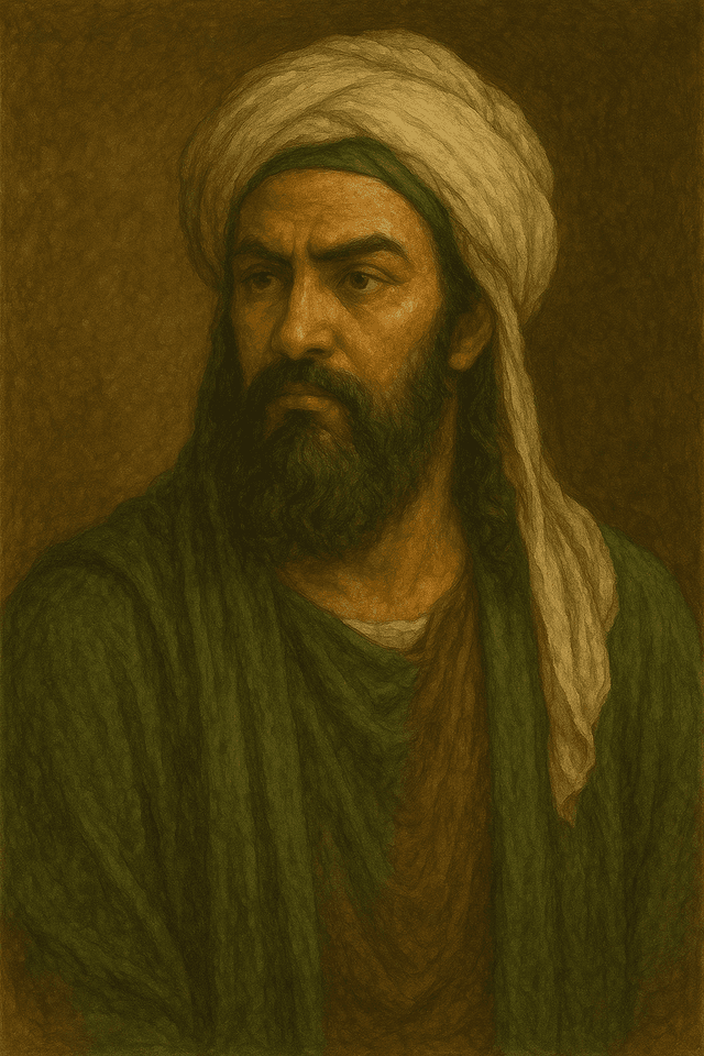 Oil painting of Ali ibn Abi Talib, cousin and son-in-law of Prophet Muhammad, revered for his wisdom and martyrdom by assassination.