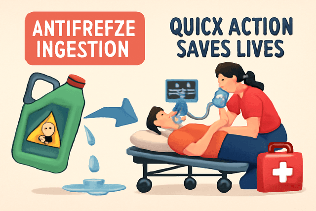 A flat-style medical illustration showing antifreeze poisoning response: a green ethylene glycol container dripping liquid beside a patient receiving emergency oxygen from a paramedic, with text reading "Quick Action Saves Lives" — emphasizing early treatment for antifreeze ingestion, kidney failure risk, and life-saving toxicology care