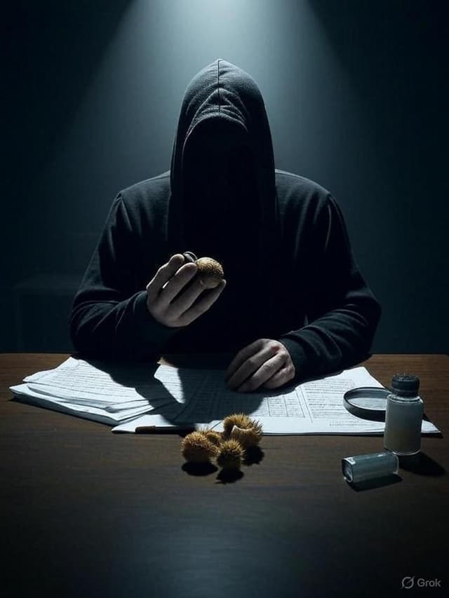 Hooded figure in a dark interrogation room holding a castor bean pod, with forensic documents, a magnifying glass, and vials on the table, symbolizing the deadly toxin ricin and its criminal investigations.