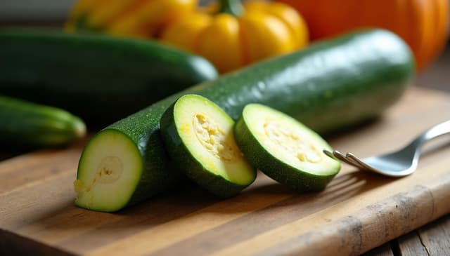 Fresh sliced zucchini on a wooden board, a member of the Cucurbitaceae family linked to rare cases of cucurbitacin poisoning due to bitter toxic compounds