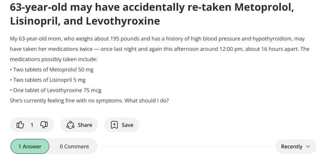 Medical Toxicology Community free Q&A forum featuring case discussions such as a 63-year-old woman who may have re-taken metoprolol, lisinopril, and levothyroxine within 16 hours, providing guideline-based toxicology education on overdose risks, symptoms, and safe management strategies