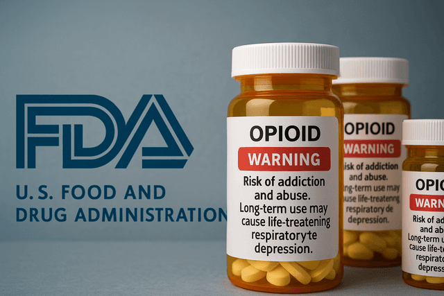 A symbolic image of the U.S. Food and Drug Administration logo alongside a warning label on opioid medication bottles, representing FDA’s new requirement to emphasize long-term risks, contextualized by the opioid epidemic that has claimed nearly one million American lives.
