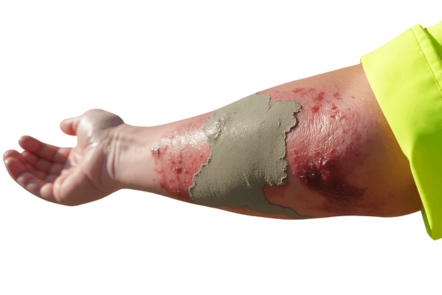 Chemical burn on construction worker’s forearm caused by prolonged contact with wet cement, showing severe skin irritation, blisters, and inflammation—occupational hazard requiring immediate toxicology treatment.