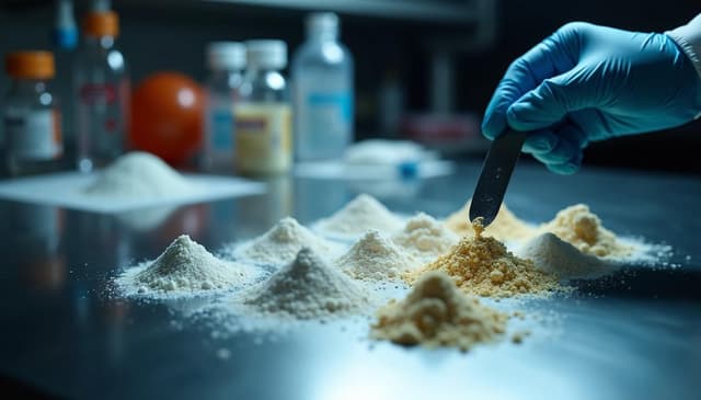 Close-up view of multiple powdered substances on a laboratory table being examined with a spatula by a gloved scientist, highlighting nitazene research, synthetic opioid analysis, forensic toxicology testing, and modern drug formulation studies in a controlled lab environment