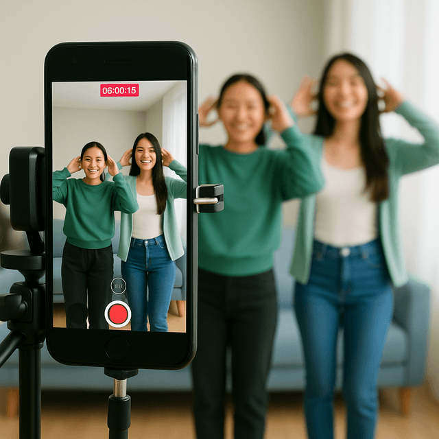 Two young women film a TikTok social media dance challenge on a smartphone mounted on a tripod in a bright living room; the phone’s vertical screen, in sharp focus, shows them smiling with their hands near their heads, one in a green sweatshirt and dark pants, the other in a mint-green cardigan, white top, and jeans, dancing in front of a light blue sofa and sunlit window.