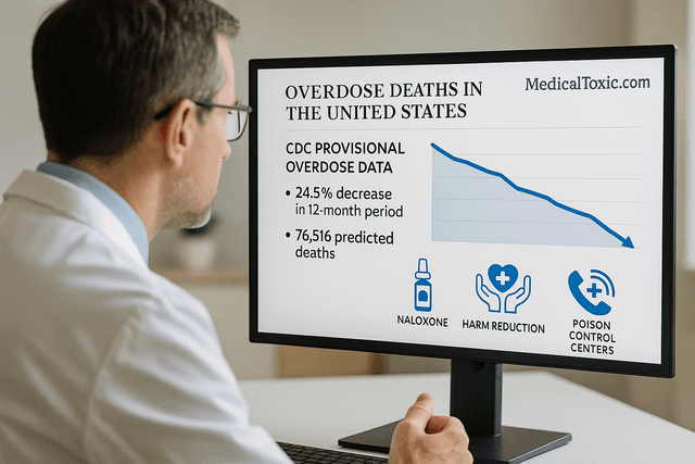 Clinician from medicatoxic.com, reviewing CDC provisional overdose data on a screen with a downward graph of overdose death trends in the United States and symbols of naloxone, harm reduction, and poison control centers.