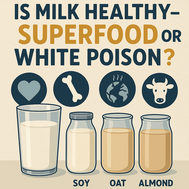 Glass of cow’s milk beside soy, oat and almond milk, with icons for heart health, bones, climate impact and animal welfare, illustrating the question “Is milk healthy – superfood or white poison?