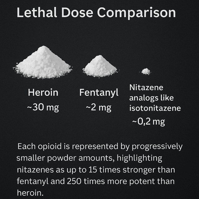 Infographic comparing lethal doses of opioids: a large pile for heroin (~30 mg), smaller for fentanyl (~2 mg), and a tiny pile for nitazene analogs like isotonitazene (~0.2 mg), highlighting nitazenes as ultra-potent synthetic opioids up to 15× stronger than fentanyl and 250× stronger than heroin
