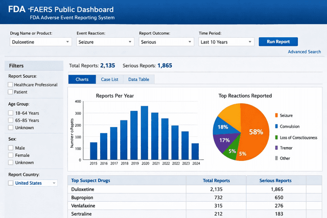 FDA FAERS Public Dashboard screenshot showing drug adverse event report counts, reaction filters, search options, and pharmacovigilance data visualization