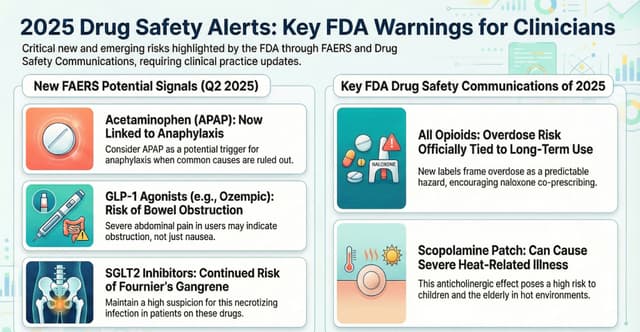 Infographic titled “2025 Drug Safety Alerts: Key FDA Warnings for Clinicians” summarizing FDA drug safety communications and FAERS potential signals (Q2 2025): acetaminophen (APAP) linked to anaphylaxis, GLP-1 receptor agonists (e.g., Ozempic) risk of bowel obstruction, SGLT2 inhibitors continued risk of Fournier’s gangrene, all opioids overdose risk tied to long-term use with naloxone co-prescribing encouraged, and scopolamine patch associated with severe heat-related illness in hot environments (higher risk in children and older adults)