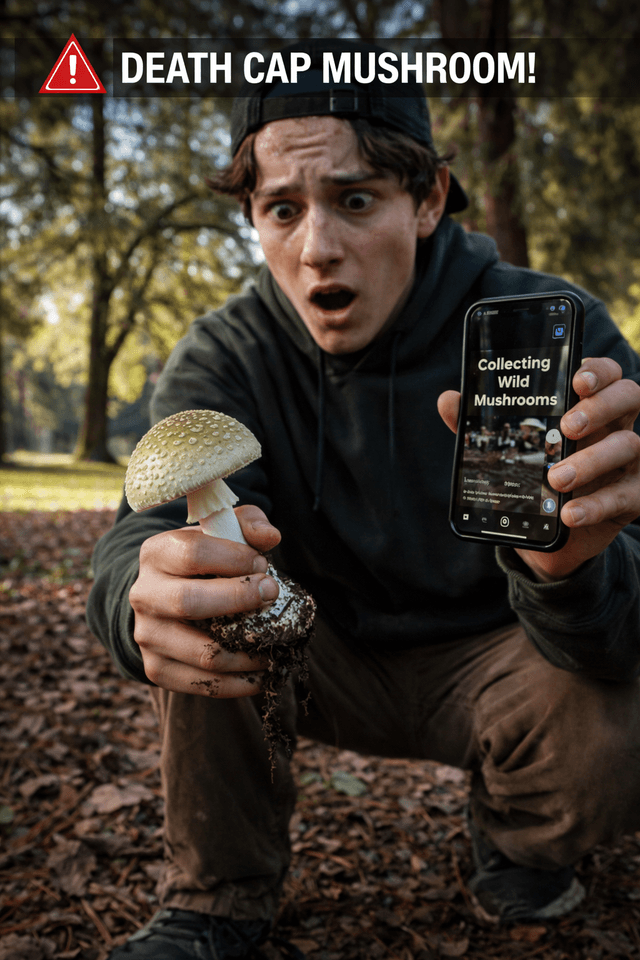 Teenager in a California park holding a death cap mushroom (Amanita phalloides) while watching a TikTok foraging video on his phone, highlighting the danger of social media-driven wild mushroom picking.