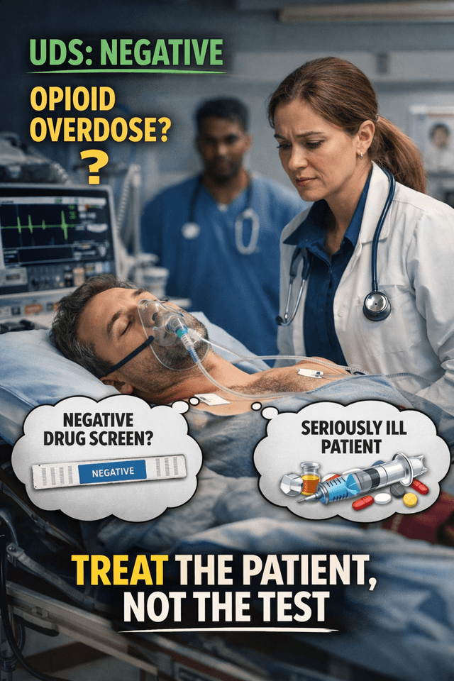 Emergency department patient with suspected opioid overdose despite negative urine drug screen, illustrating false-negative immunoassay results and the clinical principle to treat the patient, not the test.