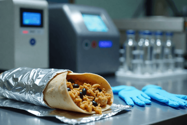 A foil-wrapped burrito lies open on a stainless-steel lab bench, revealing orange-seasoned rice, black beans, and chunks of filling spilling slightly from the tortilla. To the right, a pair of blue nitrile gloves rests on the counter, while blurred laboratory equipment with glowing digital screens and a rack of capped glass vials sit in the background, suggesting food testing or contamination analysis in a clinical/lab setting.
