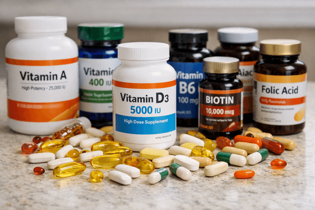 Vitamin supplement bottles and scattered capsules on a kitchen counter, illustrating risks of high-dose vitamins and supplement toxicity (vitamin A, D3, B6, niacin, biotin)