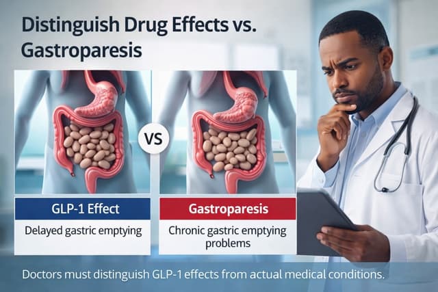 Medical infographic showing a physician comparing GLP-1 receptor agonist–related delayed gastric emptying vs true gastroparesis, highlighting the need to distinguish expected drug effects from pathology