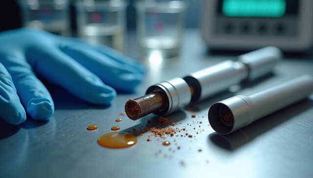 Disassembled vape pen on a laboratory bench with spilled e-liquid and residue, blue nitrile gloves nearby, illustrating heavy metal exposure testing in e-cigarettes.