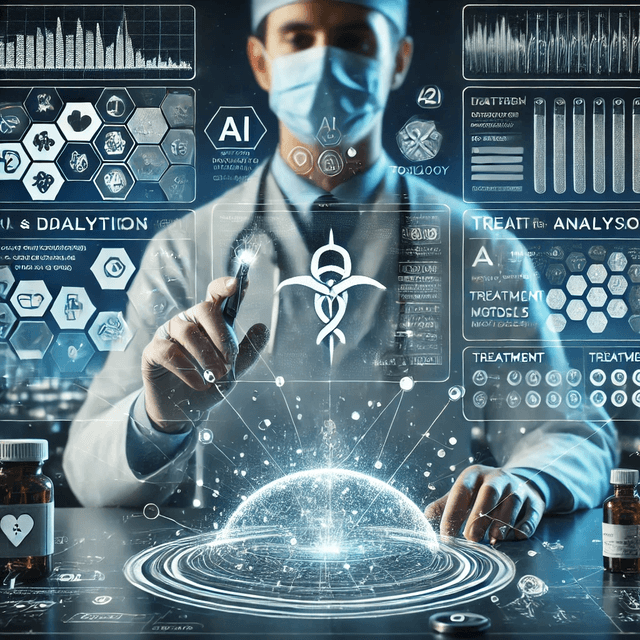 Futuristic medical scene depicting the integration of AI in medical toxicology, with a healthcare professional using AI-powered diagnostic tools to analyze a poisoning case. Transparent data visuals display real-time analytics, treatment protocols, and predictive models, highlighting the role of AI in toxic exposure management. Neural networks and medical symbols subtly intertwined in the background, representing advanced technology in healthcare.