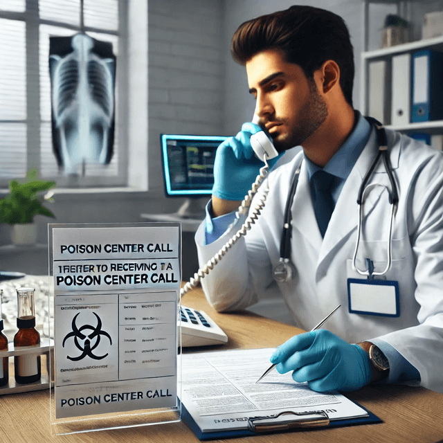 Healthcare professional handling a poisoning case after receiving a poison center call